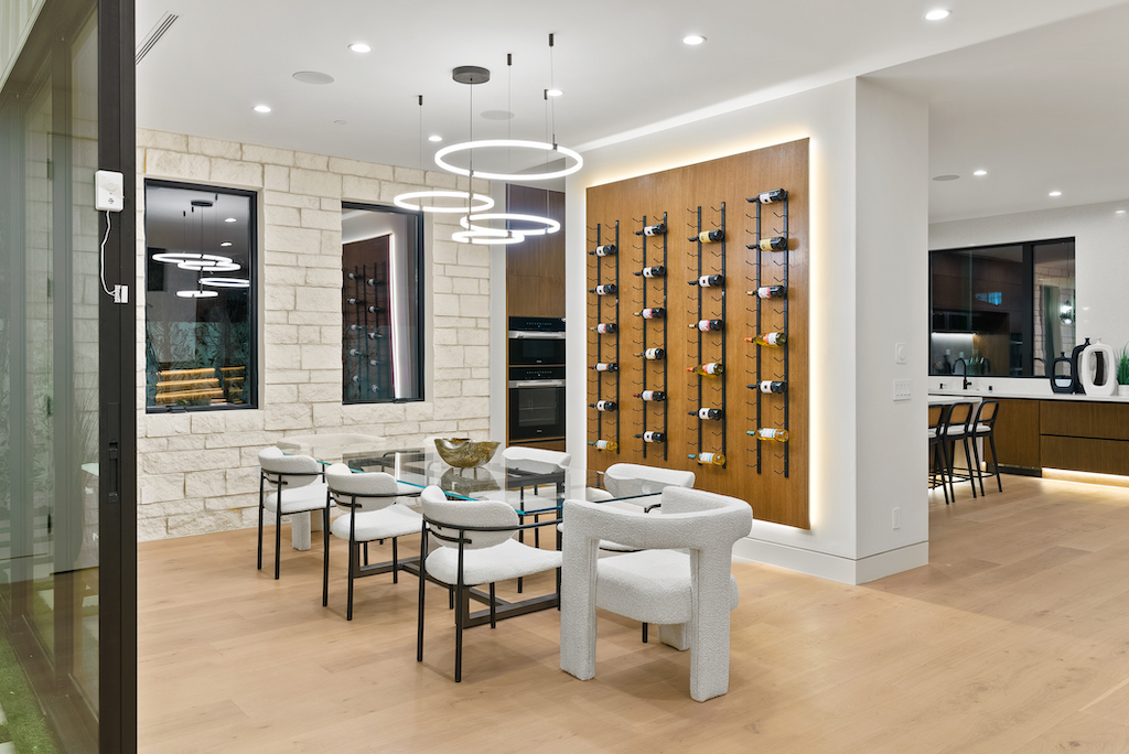 Modern dining room with wall-mounted wine rack